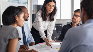 Woman leading a team in a business