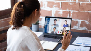 businesswoman work at home and virtual video conference meeting with colleagues