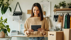 Woman in a beige sweater smiling while using a tablet in a clothing store during daylight