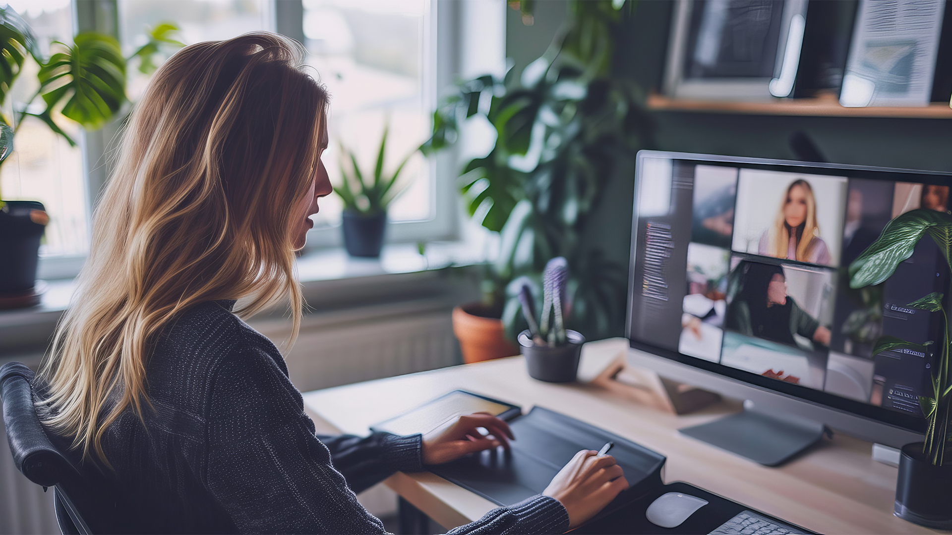 Remote hybrid work and telecommuting setup with businesswoman on laptop in a home office